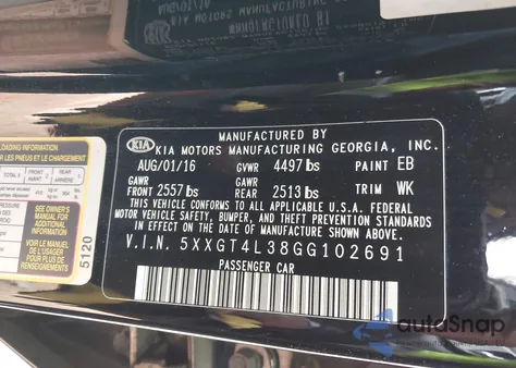 2016 Kia Optima Lx z USA, uszkodzony, nr VIN 5XXGT4L38GG102691